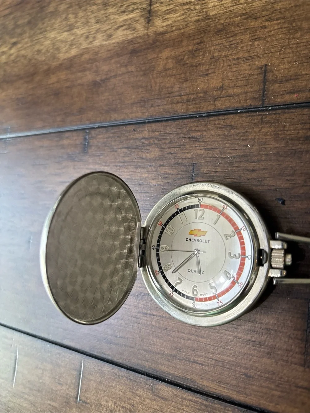 Vintage 1970s Chevrolet Quartz Pocket Watch Orange Bezel Clip Fob Belt
